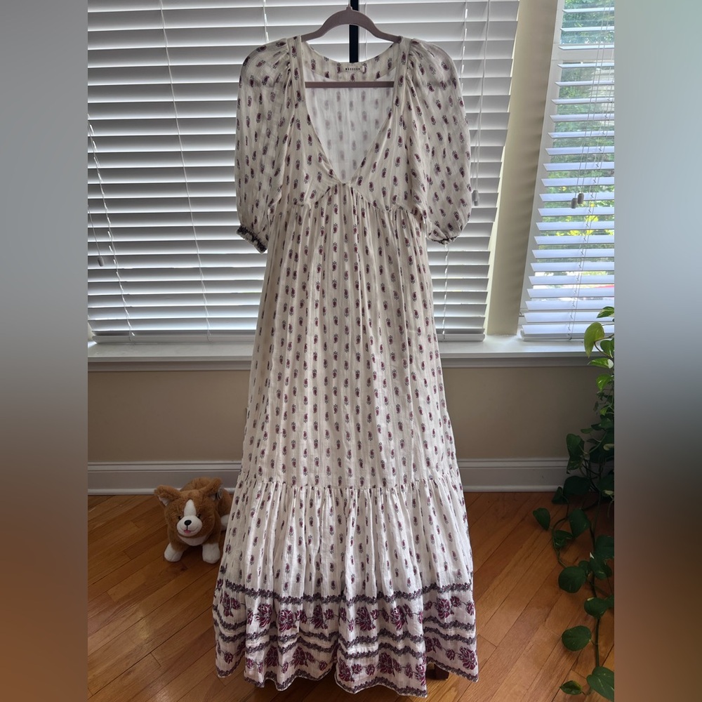 Masscob Cream Maxi Dress with red flowers.